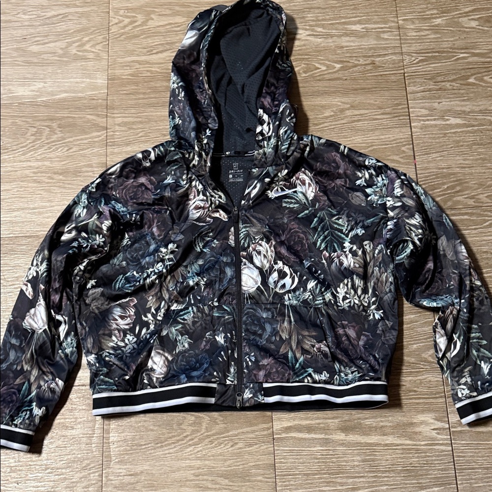 Nike Floral Print Hooded Bomber Jacket in Black and Green Accents